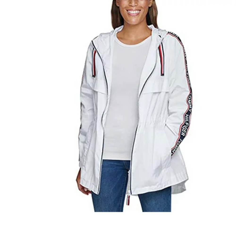 NWT Tommy Hilfiger Ladies' Long Windbreaker Logo Hooded Rain Jacket SIZE S - Picture 10 of 10